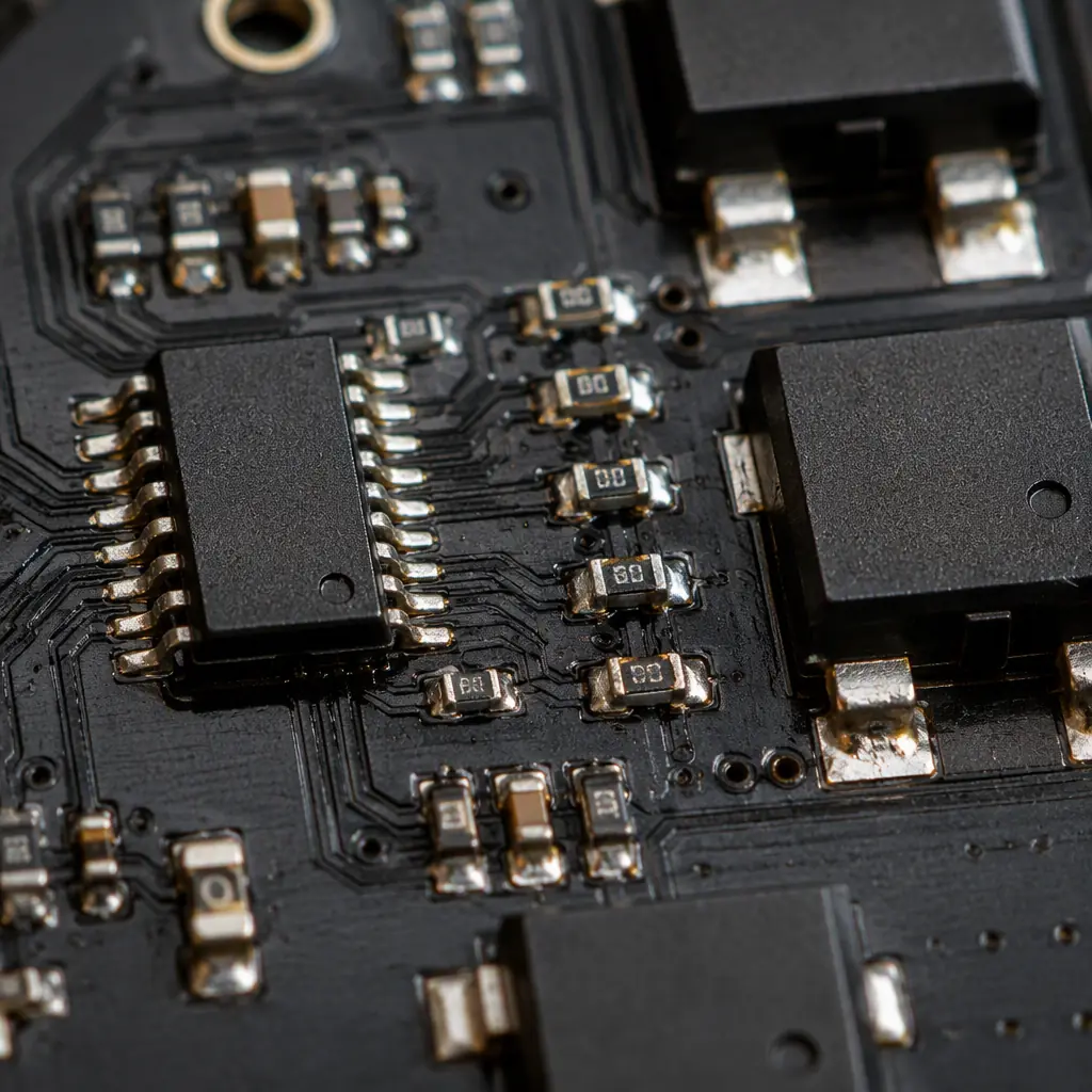 Close-up of a gate driver IC with gate resistors placed adjacent to power MOSFETs on a motor controller PCB