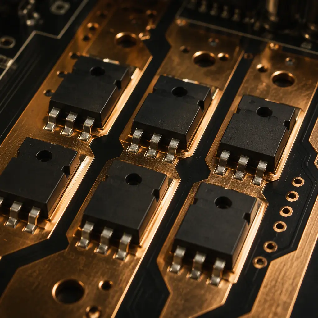 Macro photo of a BLDC motor controller PCB power stage with MOSFETs and thick copper traces