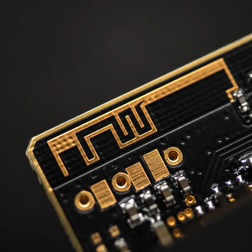 Macro photo of a 2.4 GHz PCB trace antenna with matching network on a BLE module