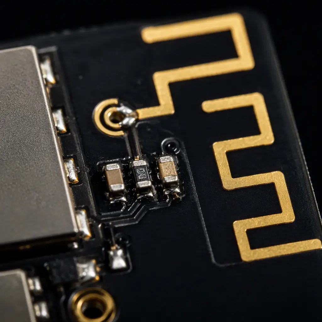 Photorealistic macro of a BLE π matching network with three tiny 0402 components near the antenna feed