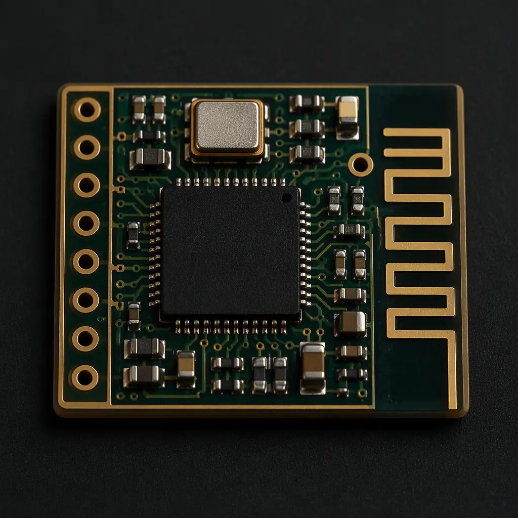 Macro photo of a BLE module board with crystal, decoupling capacitors and RF section