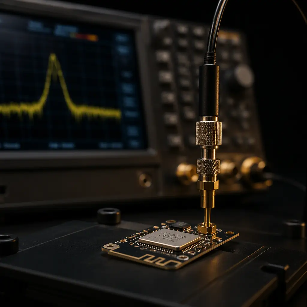 Photorealistic shot of a BLE module under RF test with a spectrum analyzer and shielded chamber