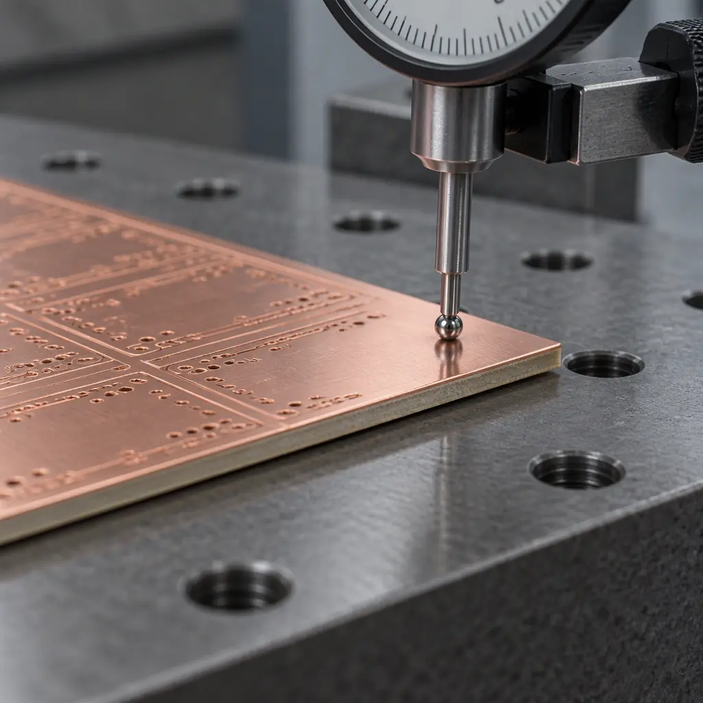 Bare copper-clad PCB panel edge resting on a machined steel surface plate with a dial indicator gauge touching the board surface in a metrology lab