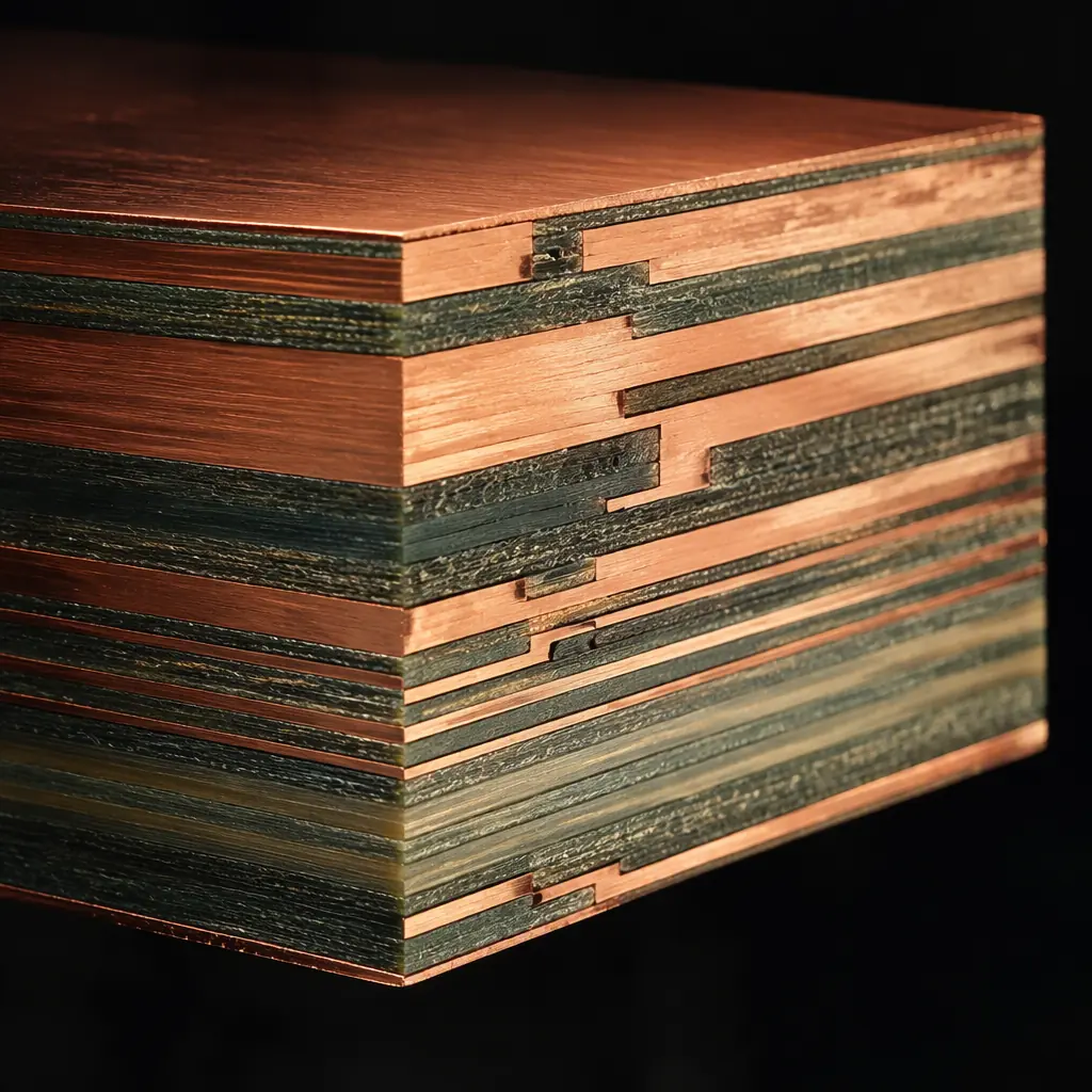 Photorealistic 3D cross-section render of a multilayer PCB showing alternating copper and resin layers stacked asymmetrically with heavier copper on the top half