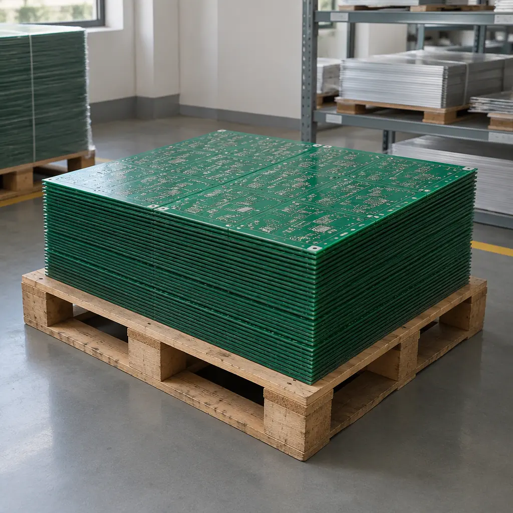 Stack of flat green PCB panels sitting evenly stacked on a wooden pallet in a clean factory storage area with soft daylight