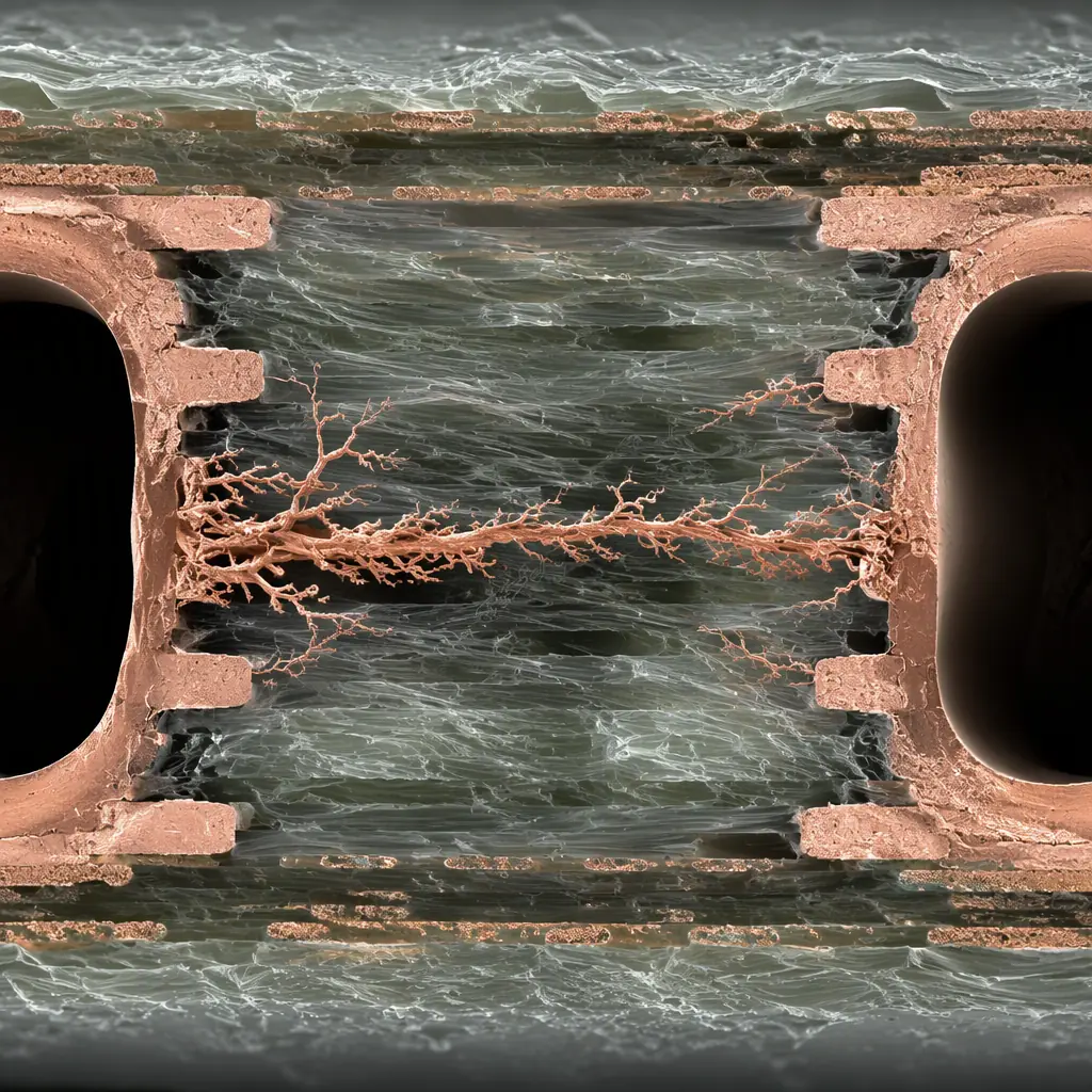 Photorealistic cross-section micrograph render of a PCB laminate showing copper conductive anodic filament growth bridging between two plated through-holes