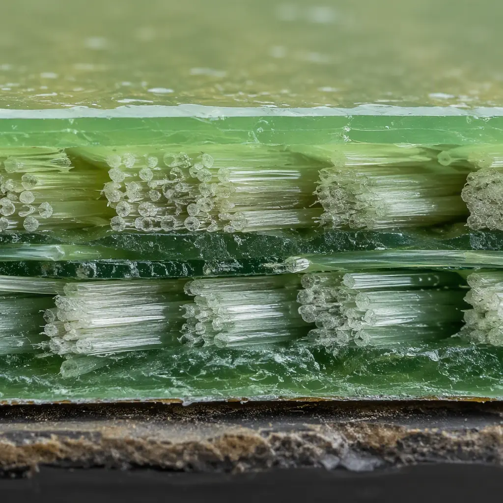 Macro rendering of a woven glass-fibre PCB laminate cross-section showing the resin and glass bundle structure where ionic migration can occur