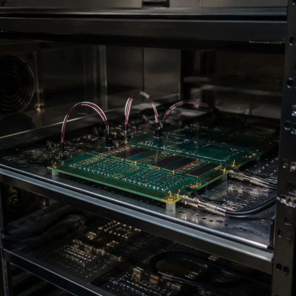 Photorealistic laboratory render of a PCB CAF test coupon on a temperature-humidity bias test rack with insulation resistance monitoring