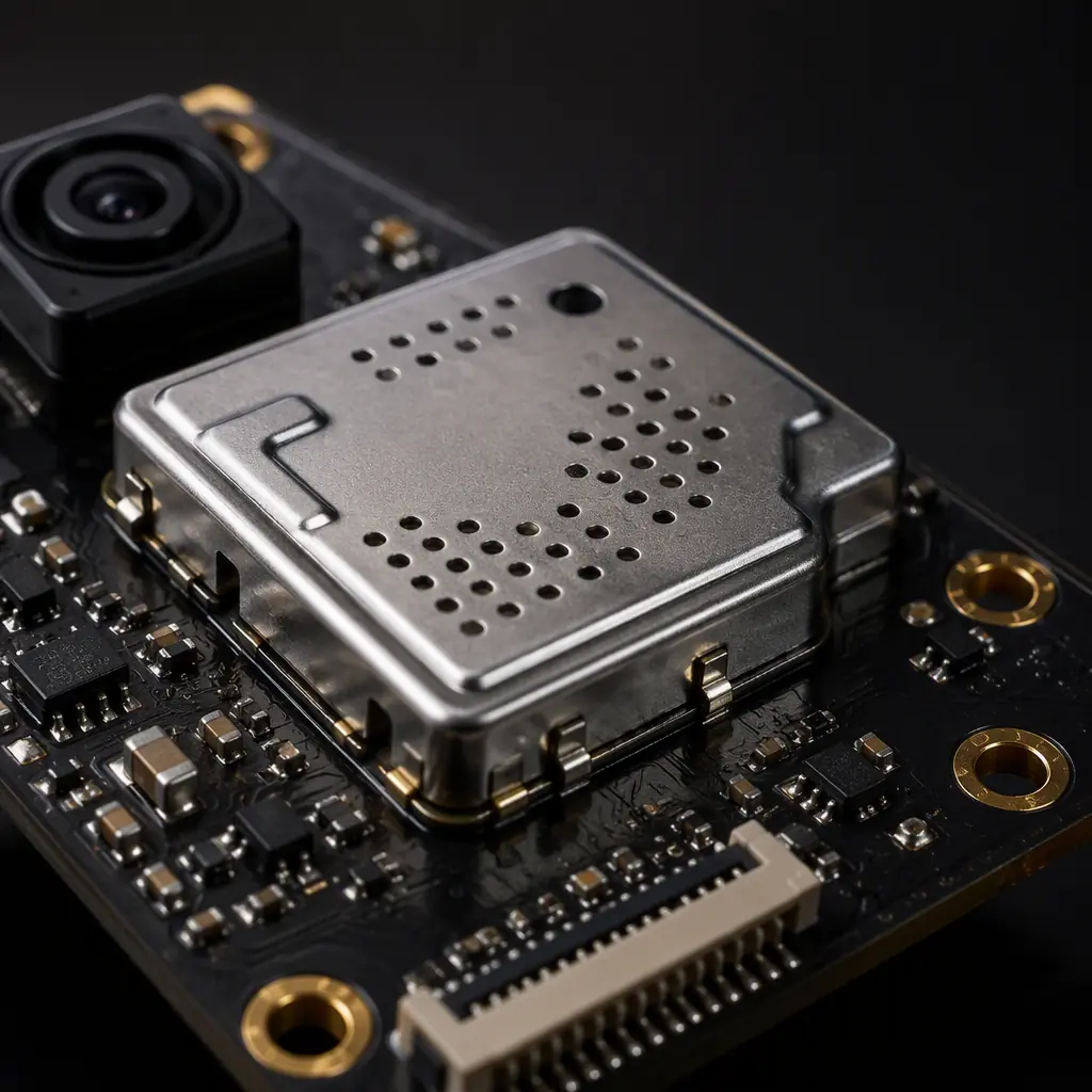 Macro photo of a camera module with RF shield can over the sensor clock area