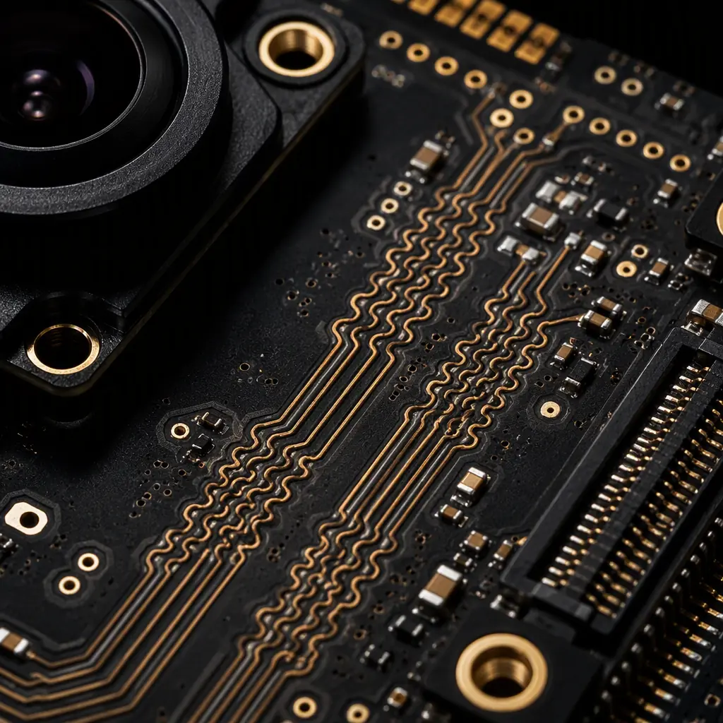 Macro photo of a camera module PCB showing MIPI CSI-2 differential pairs and image sensor footprint