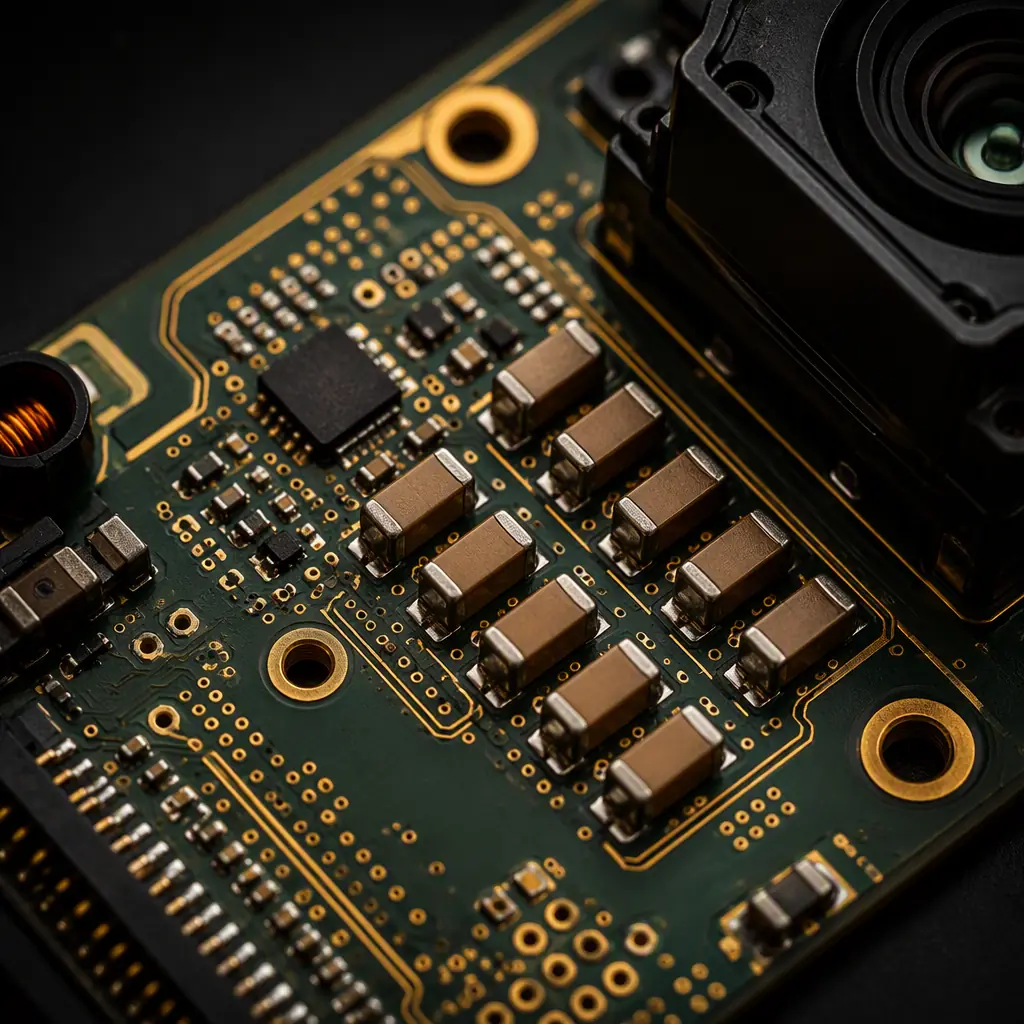 Macro photo of sensor power regulation stage with LDO and decoupling capacitors near an image sensor