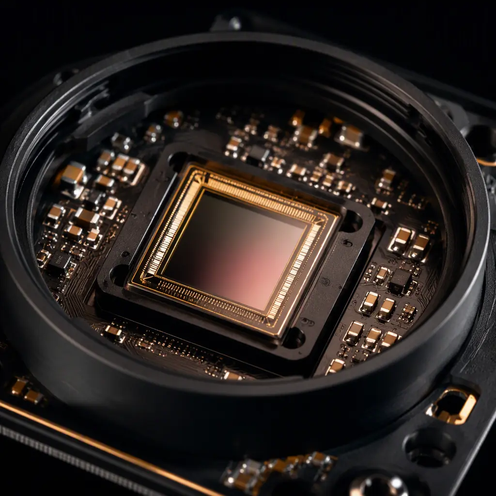 Photorealistic macro of a CMOS image sensor package on a camera module board with lens holder