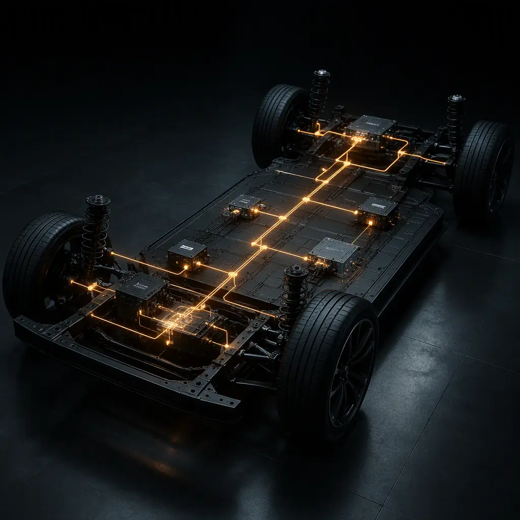 Concept photo of a modern vehicle chassis with a glowing network line connecting ECU modules, suggesting CAN bus communication