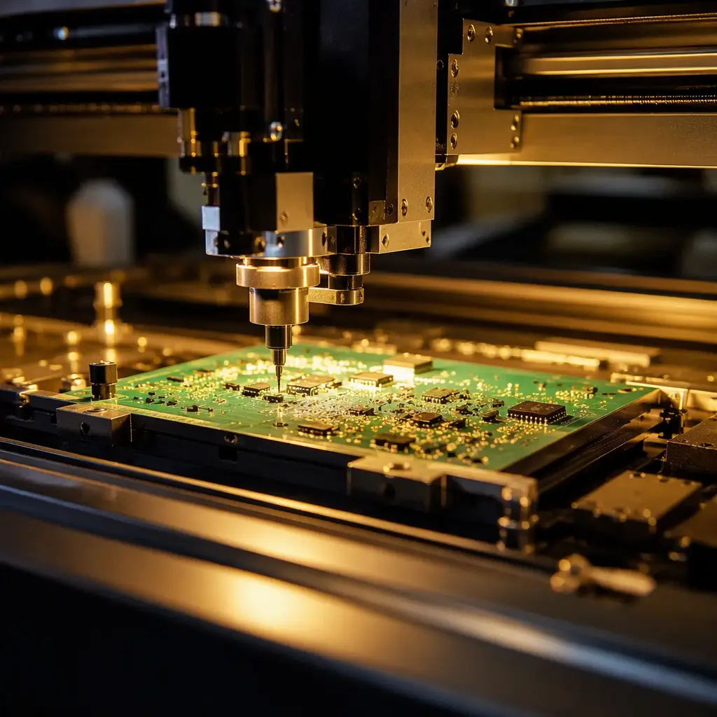 Automated pick-and-place machine assembling components onto CAN node boards in a modern PCB factory
