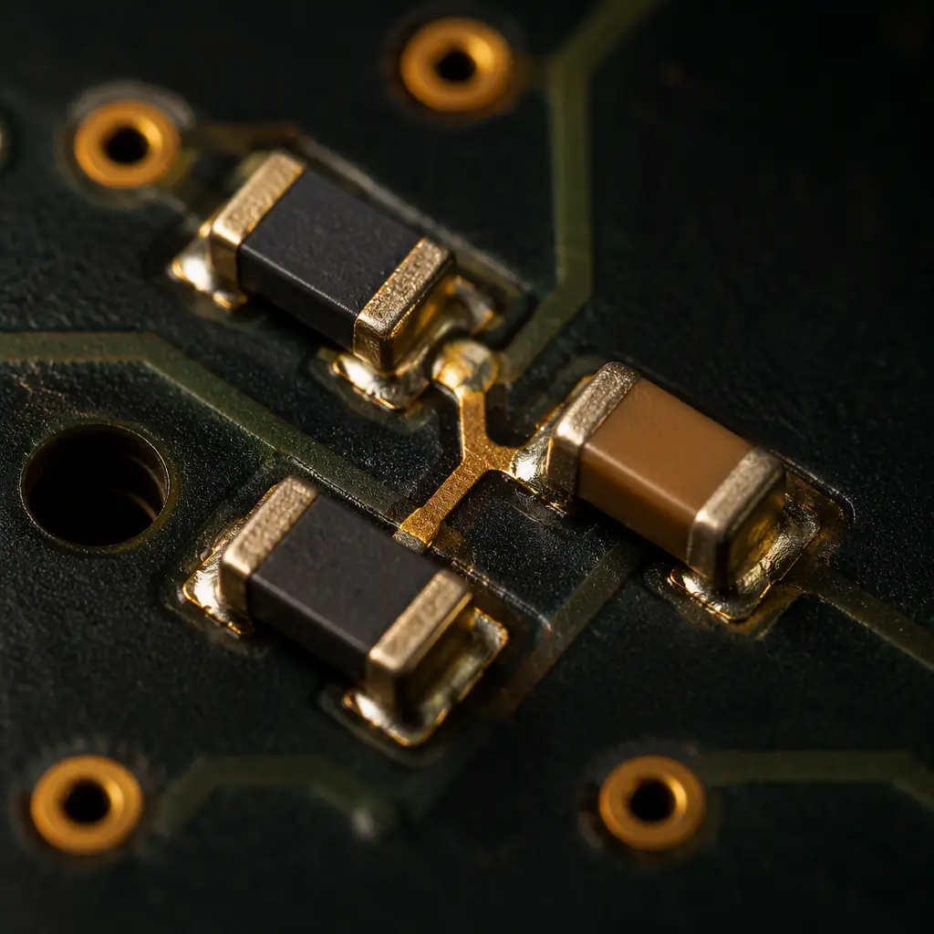 Close-up of 120 ohm termination resistors and a split termination capacitor network on a CAN bus node PCB