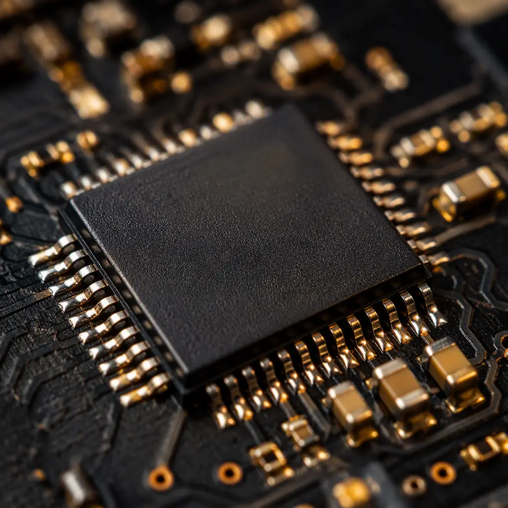 Macro photo of a CAN transceiver IC and its decoupling capacitors on an automotive ECU board with gold-plated pads