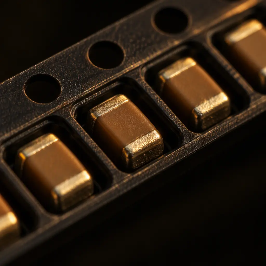 Macro photograph of a strip of multilayer ceramic capacitors on a reel resting on a dark anodised surface, one part standing upright showing its terminal bands