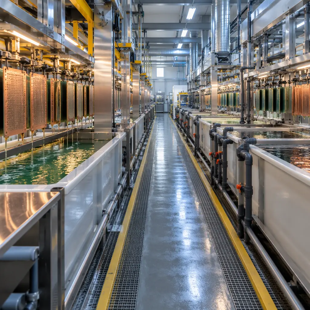 Photorealistic interior of a PCB fabrication plant showing plating lines and process tanks under industrial lighting, clean and modern, no people