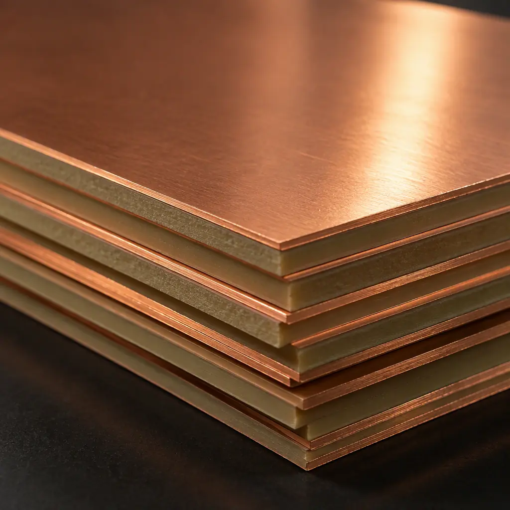 Photorealistic detail of copper-clad laminate sheets stacked in a PCB fabrication store, showing bare copper surface and board edges
