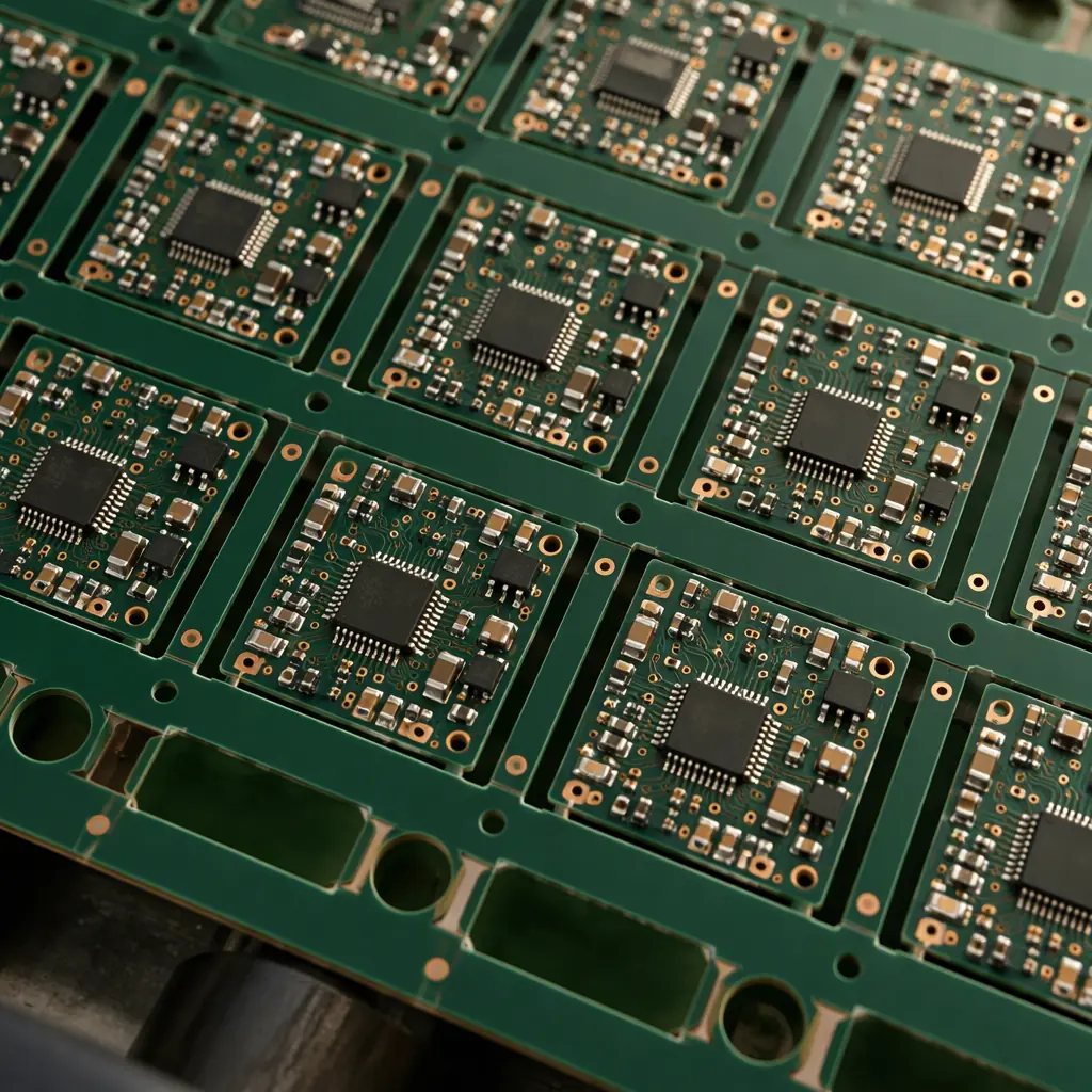 Photorealistic overhead detail of a large printed circuit panel with many small boards nested onto it, breakaway rails and waste areas visible between boards