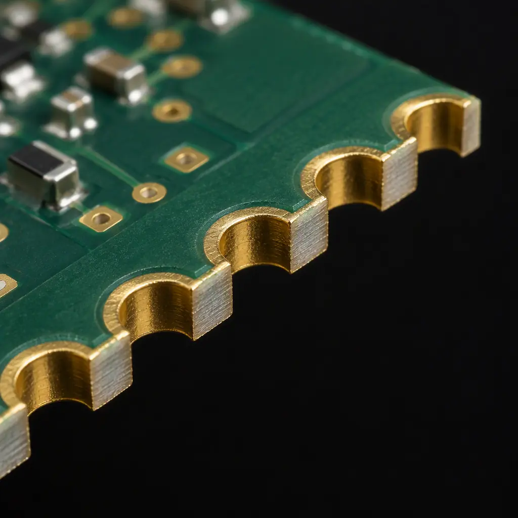 Macro photograph of castellated half-holes along the edge of a small RF module PCB showing plated half-cylinders
