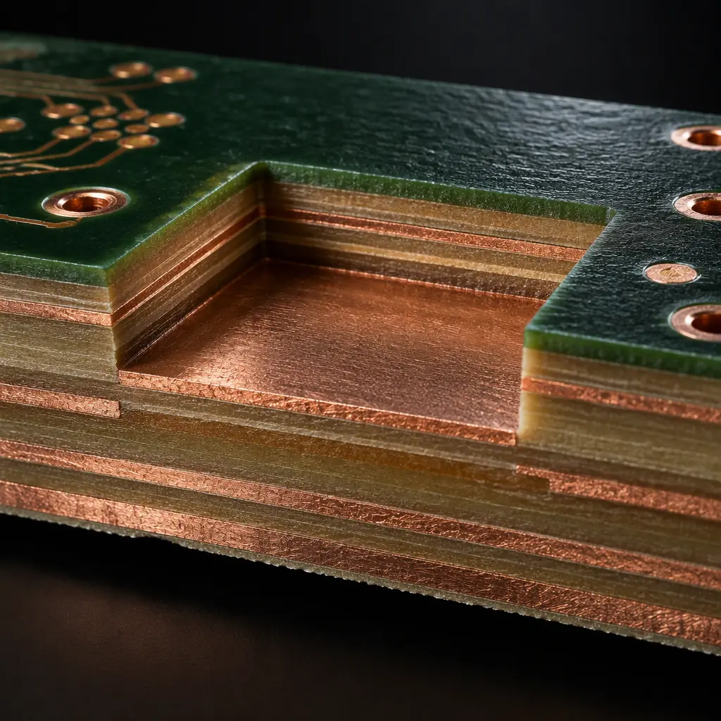 Photorealistic 3D cross-section render of a multilayer PCB showing a recessed cavity in the surface layers with copper layers visible beneath, dark studio background, no text
