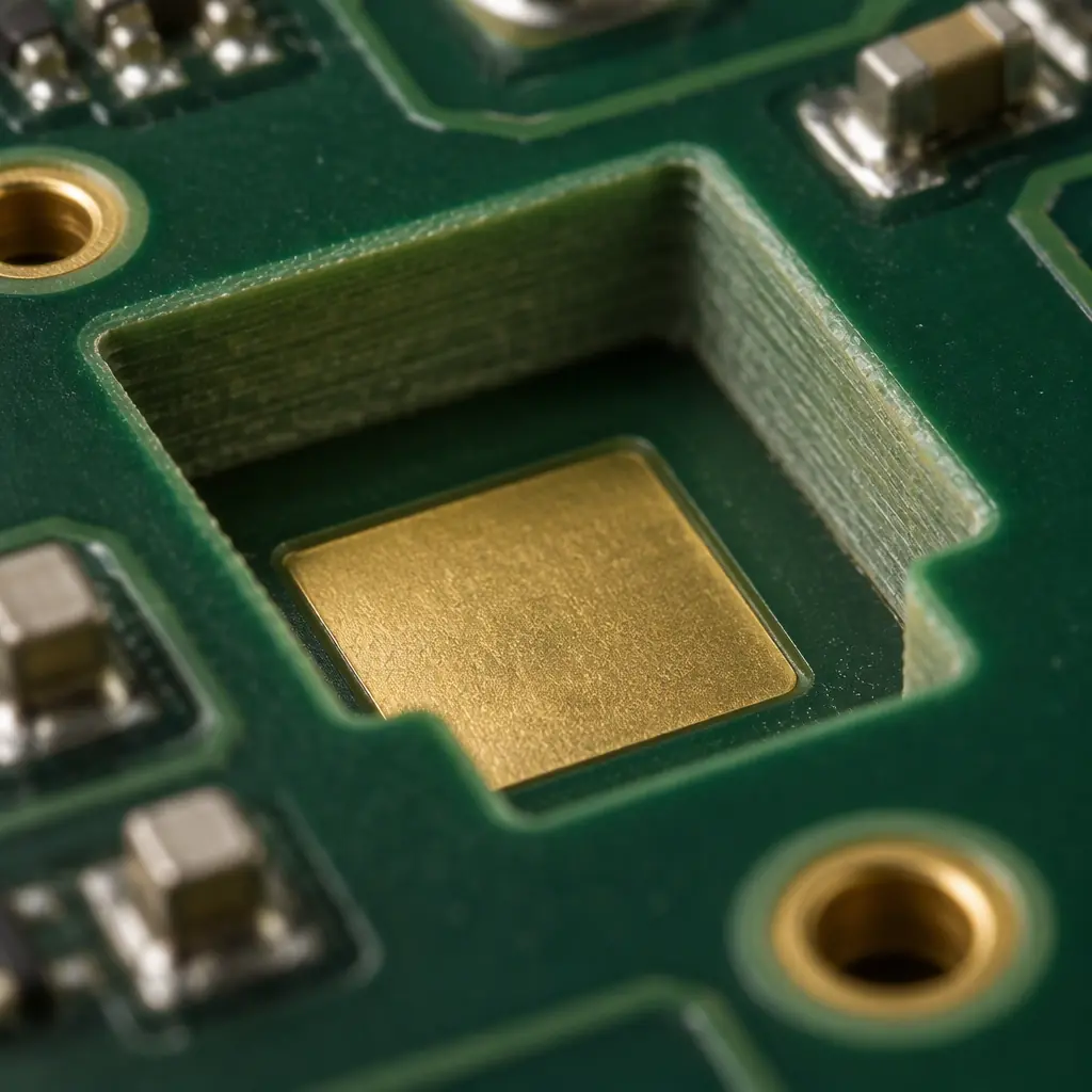 Photorealistic macro photograph of a PCB with a machined step cavity showing a recessed connector area and gold-plated pads on the step, shallow depth of field, no text