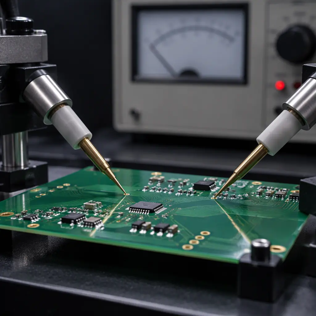 Laboratory dielectric withstanding voltage test probes resting on a conformal coated circuit board surface
