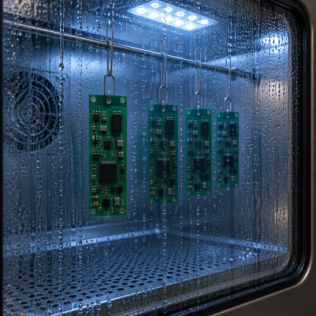 Conformal coated PCB test coupons suspended inside a humidity chamber with condensation on the glass door