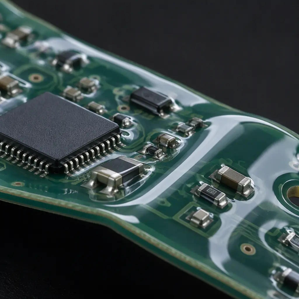 Macro photograph of a smooth cured conformal coating film bending with a flexed circuit board substrate