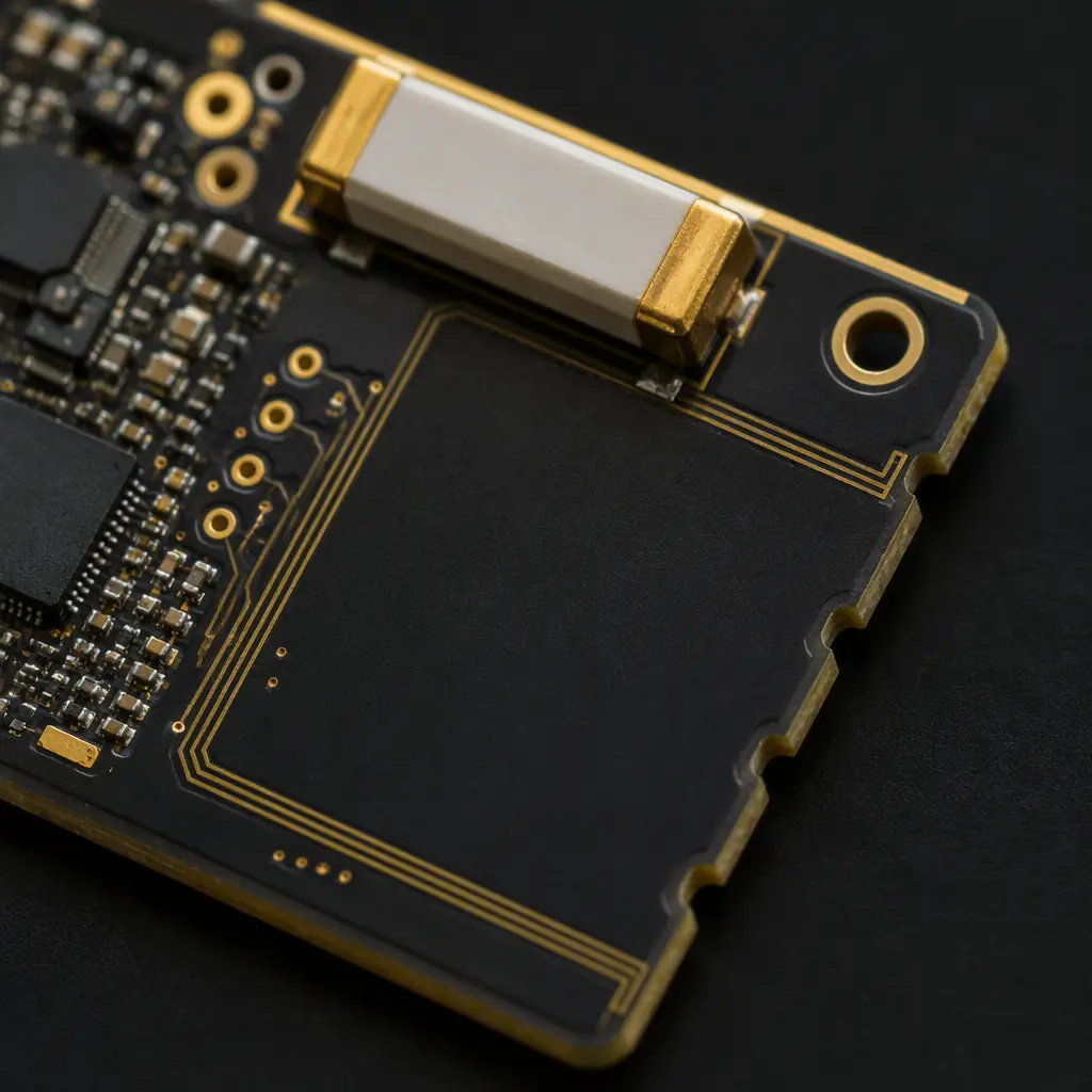 Macro photo of a PCB antenna area with clear keep-out zone and a ceramic chip antenna at the board edge