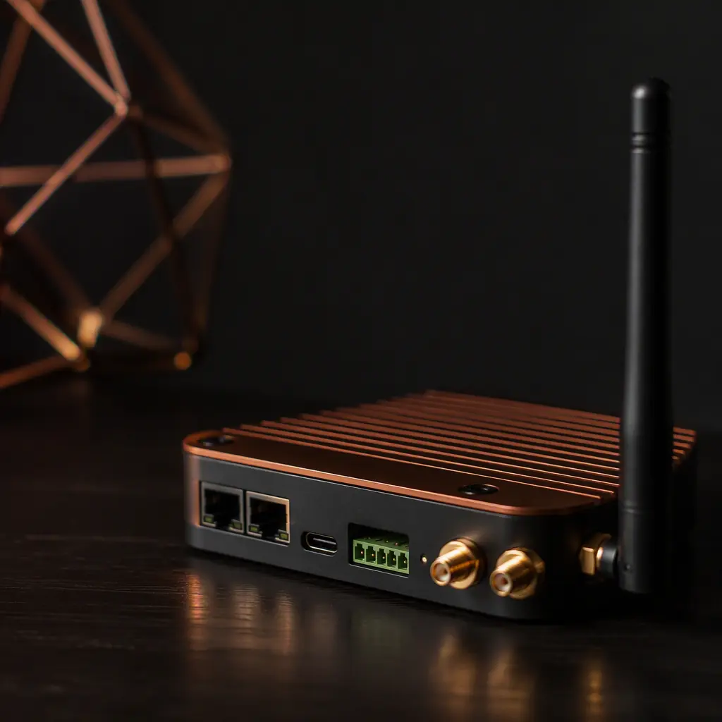 Compact IoT device PCB with a cellular module, trace antenna area, and battery connector on a dark workbench