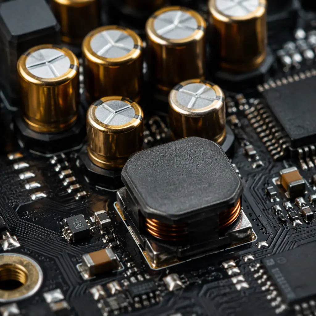 Bulk and ceramic decoupling capacitors and a DC-DC converter on an IoT module board power section