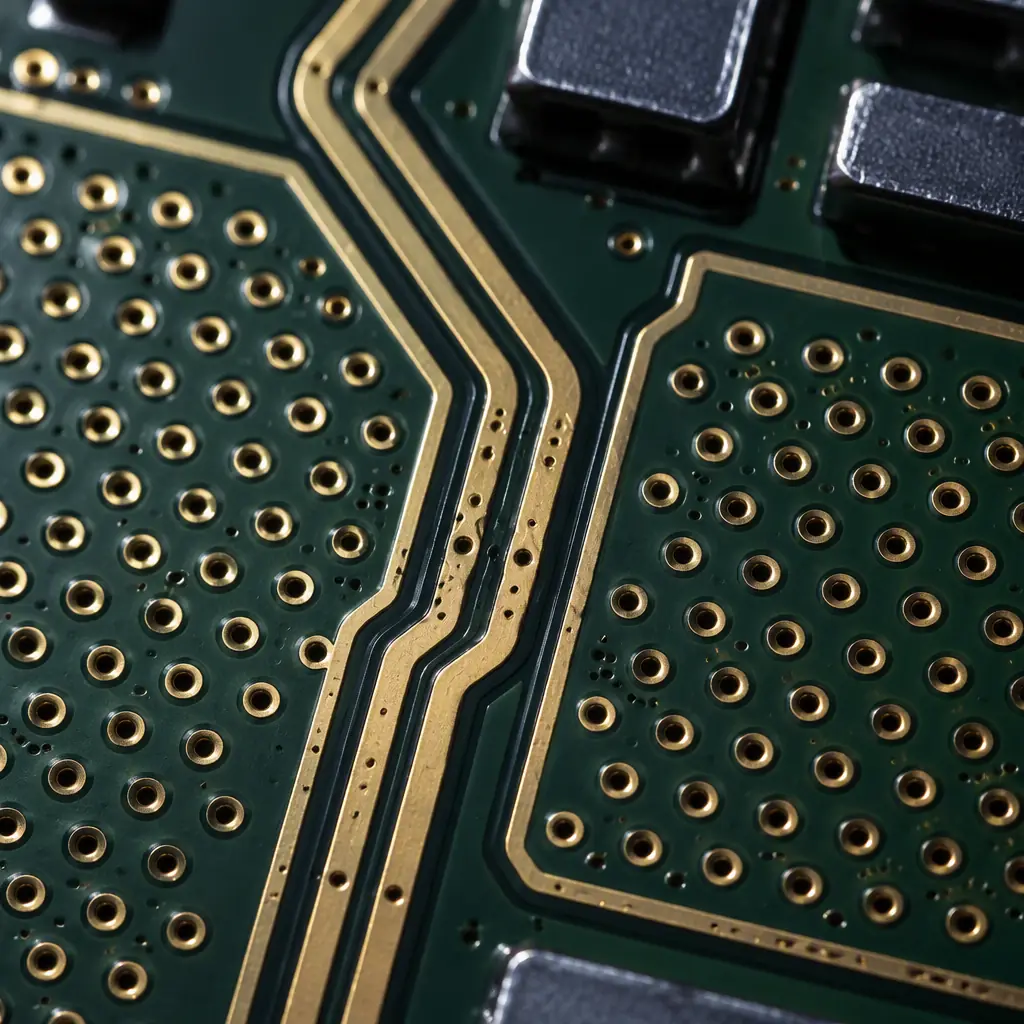 Photorealistic macro of a 50 ohm RF trace with coplanar ground pours and stitching vias on a green PCB