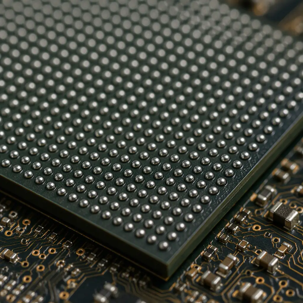 Close-up macro photo of a fine-pitch BGA package seated on a dense PCB substrate with solder balls in a precise grid