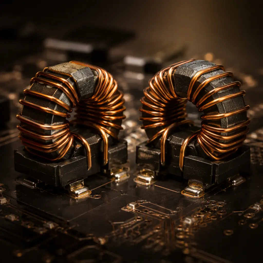 Macro photo of two ferrite core inductors side by side on a dark PCB with visible copper windings