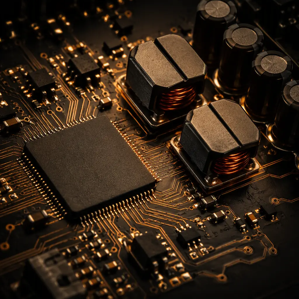 Macro photo of a class-D audio amplifier PCB showing the amplifier IC, ferrite inductors and electrolytic capacitors