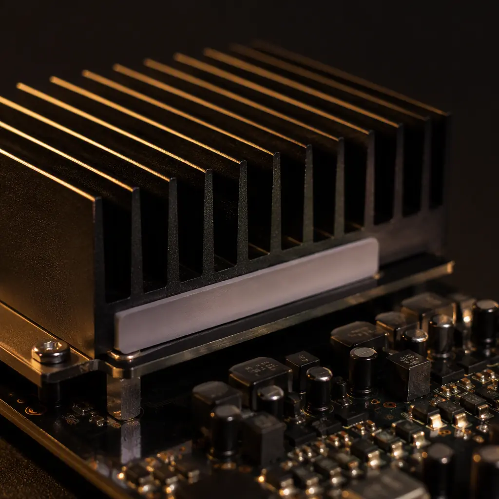 Macro photo of an audio amplifier PCB with a black finned aluminum heatsink and thermal interface pad