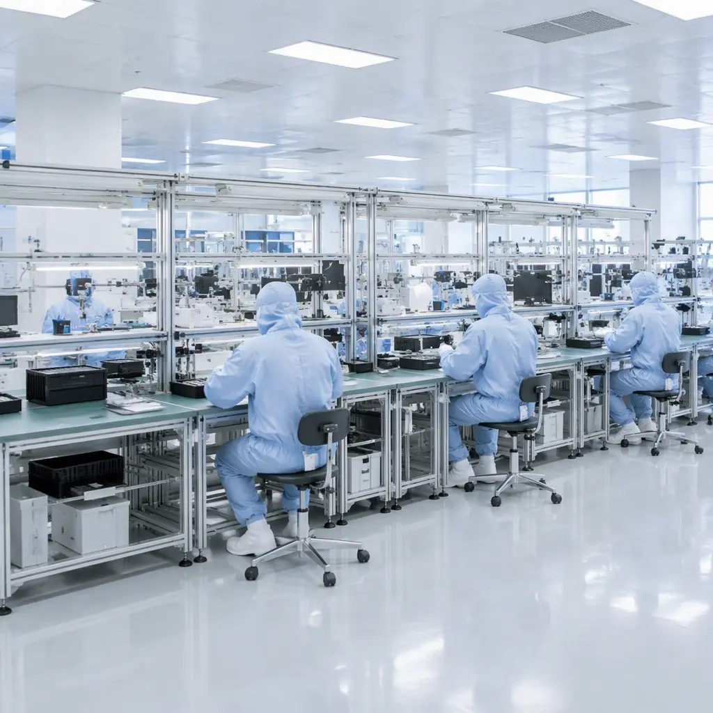 Cleanroom production area with filtered air ceiling and technicians in protective gowning at an electronics assembly line