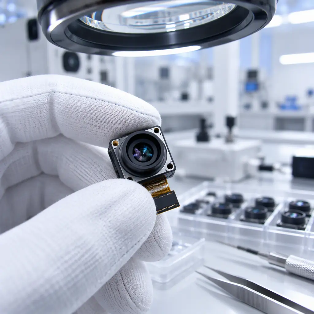 Technician in full gowning inspecting a camera module under magnification in a high-class cleanroom