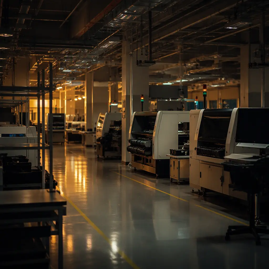 Electronics factory workshop with SMT machines at rest during a holiday shutdown period