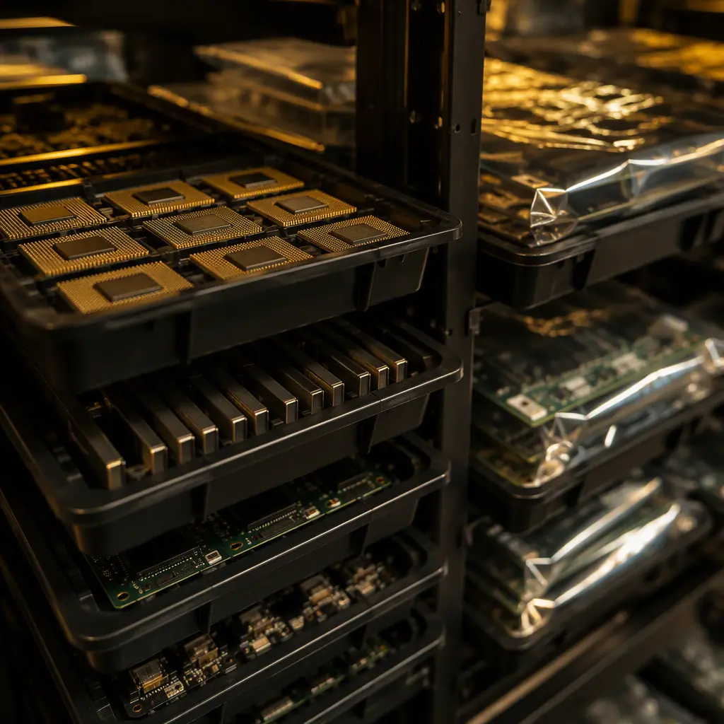 Anti-static trays of electronic components stocked on warehouse shelves ahead of the holiday