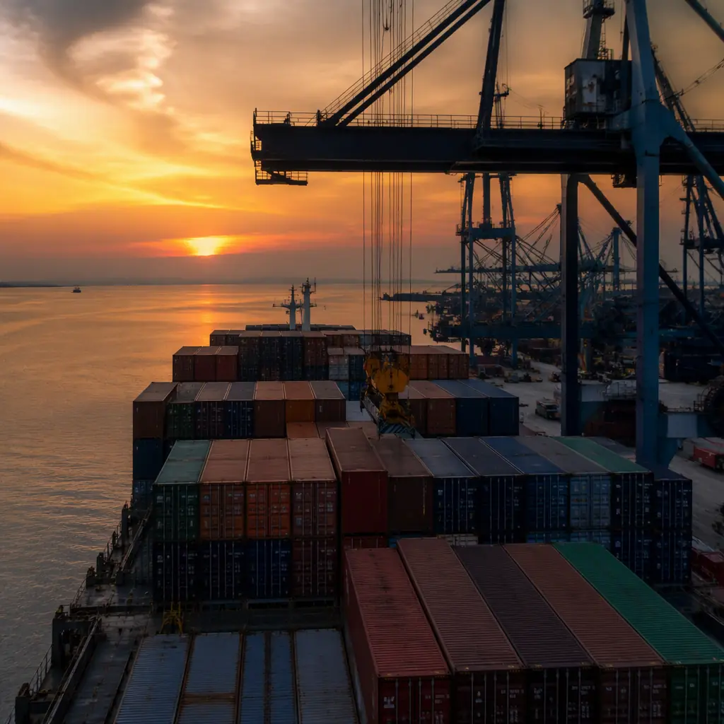 Shipping containers being loaded at a port at dusk before the holiday logistics surge