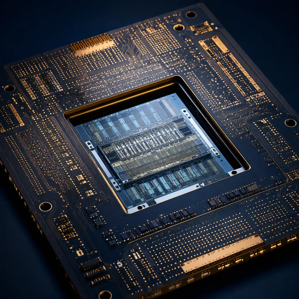 Photorealistic render of a 32-layer co-packaged optics switch substrate with a silicon photonics-engine recessed cavity