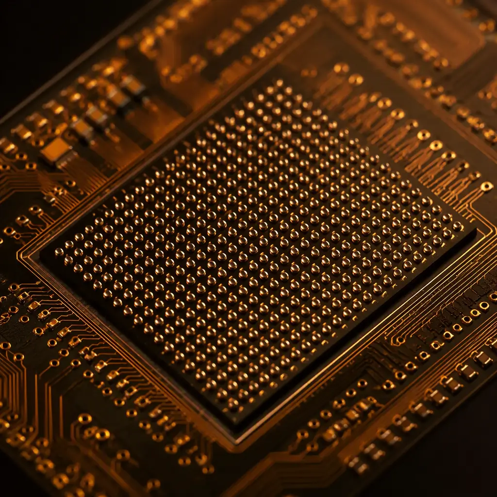 Macro detail of a silicon photonics engine bump grid on a high-density interposer, showing microvias and fine copper routing