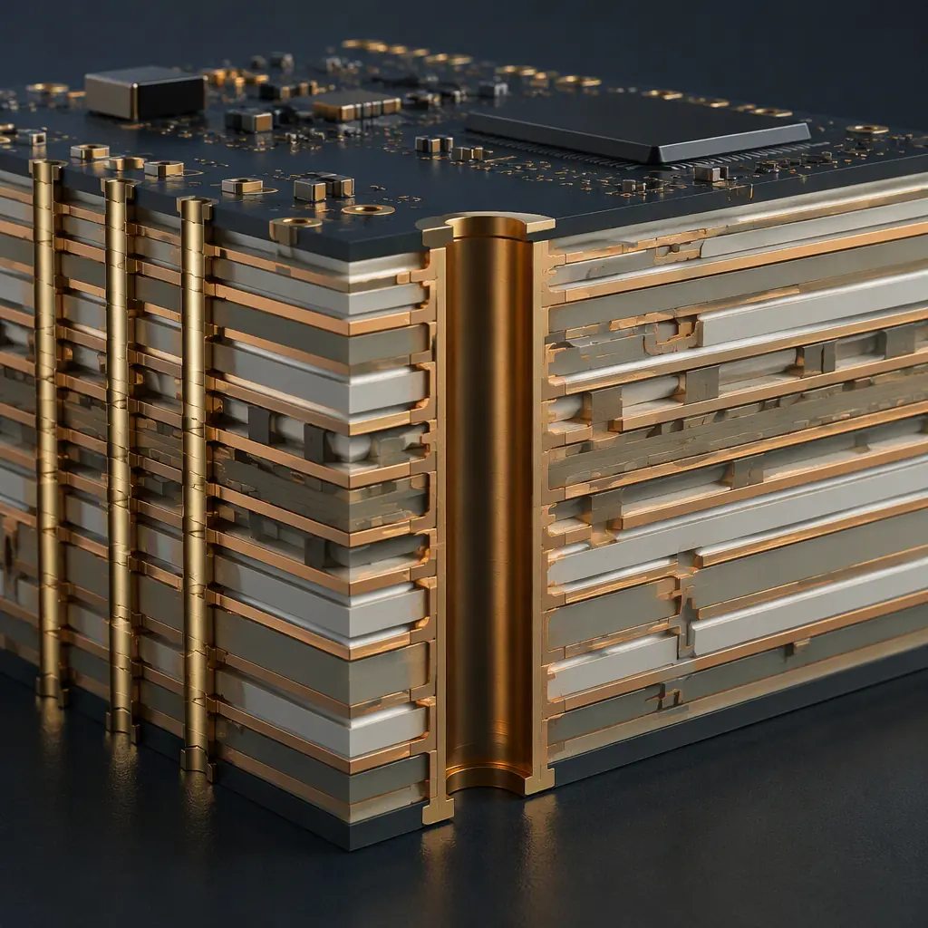 Photorealistic cross-section render of an ultra-low-loss PCB showing distinct dielectric layers and a back-drilled via