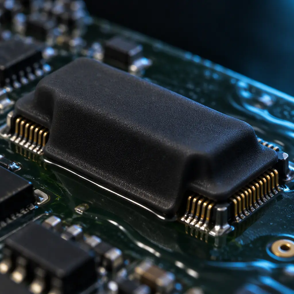 Fine pitch board to board connector on a printed circuit board protected by a moulded silicone masking boot before conformal coating