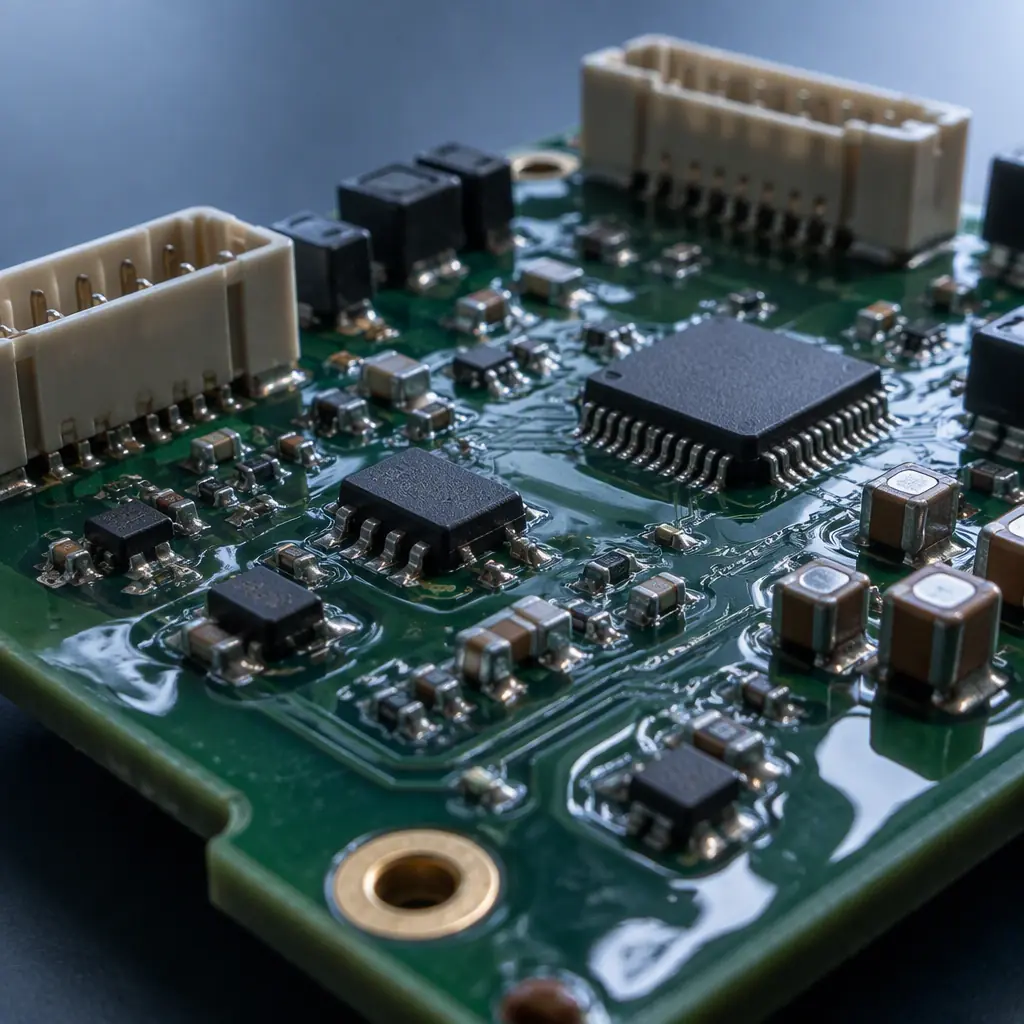 Assembled PCB with conformal coating applied, showing masked connector headers and bare test pads left free of coating