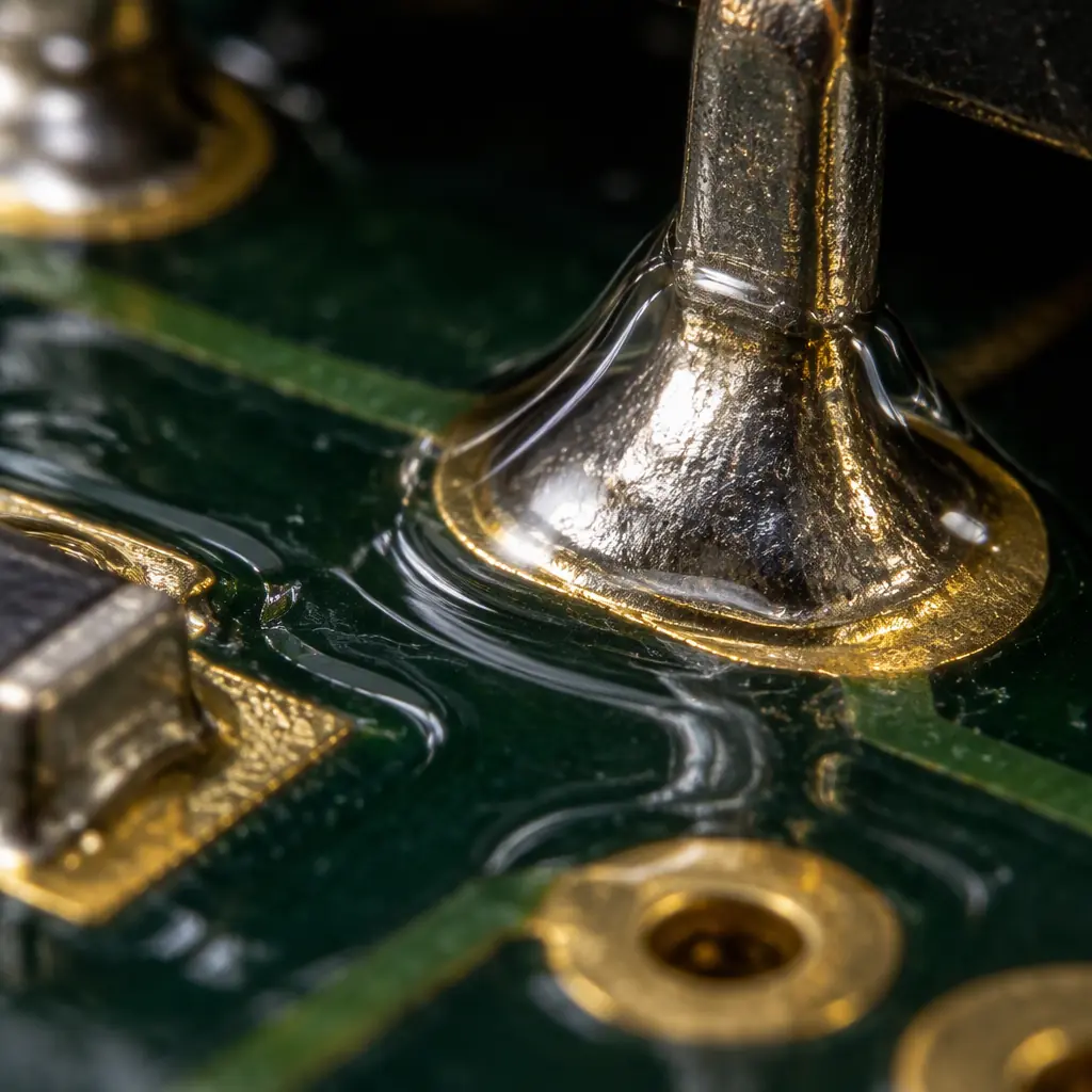 Technician inspecting conformal coating coverage on a populated printed circuit board under magnification