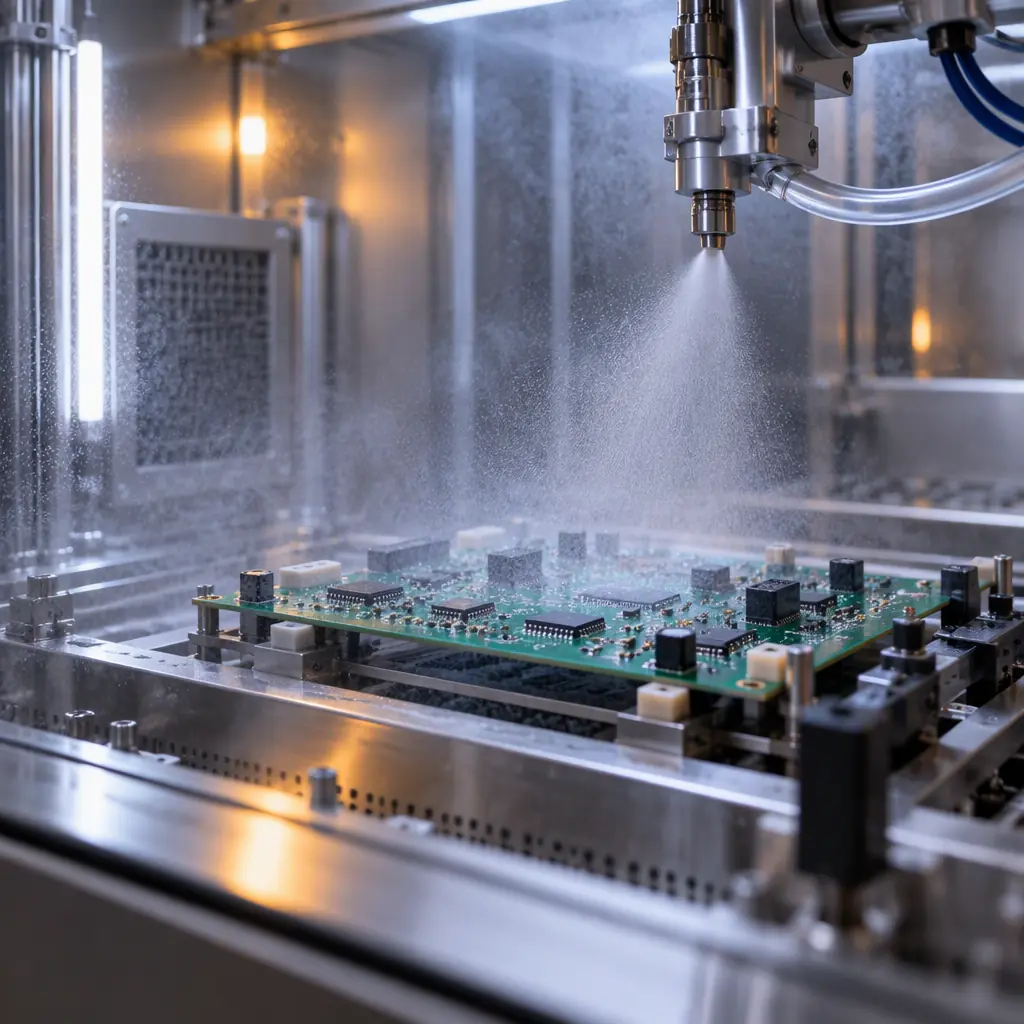 Conformal coating spray equipment applying coating to printed circuit board assemblies on a production carrier
